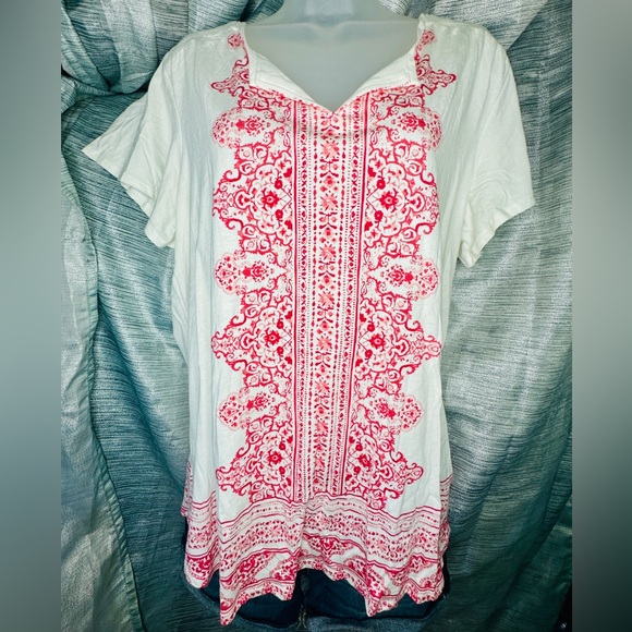 Croft & Barrow White Pink Bohemian V-Neck Boho T-Shirt Blouse Top ~ X-Large - Picture 6 of 10
